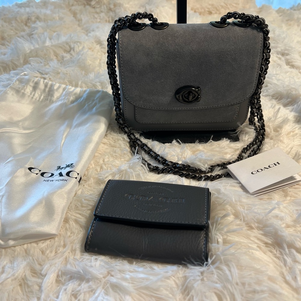 Coach Gray Crossbody Bag gun metal metallic chain